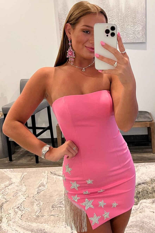 Rosa trägerloses, enges Mini-Party-Maxikleid mit Sternen und Quaste, nv908