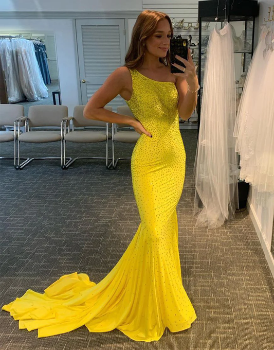 Robe de bal sirène jaune à une épaule et traîne nv980