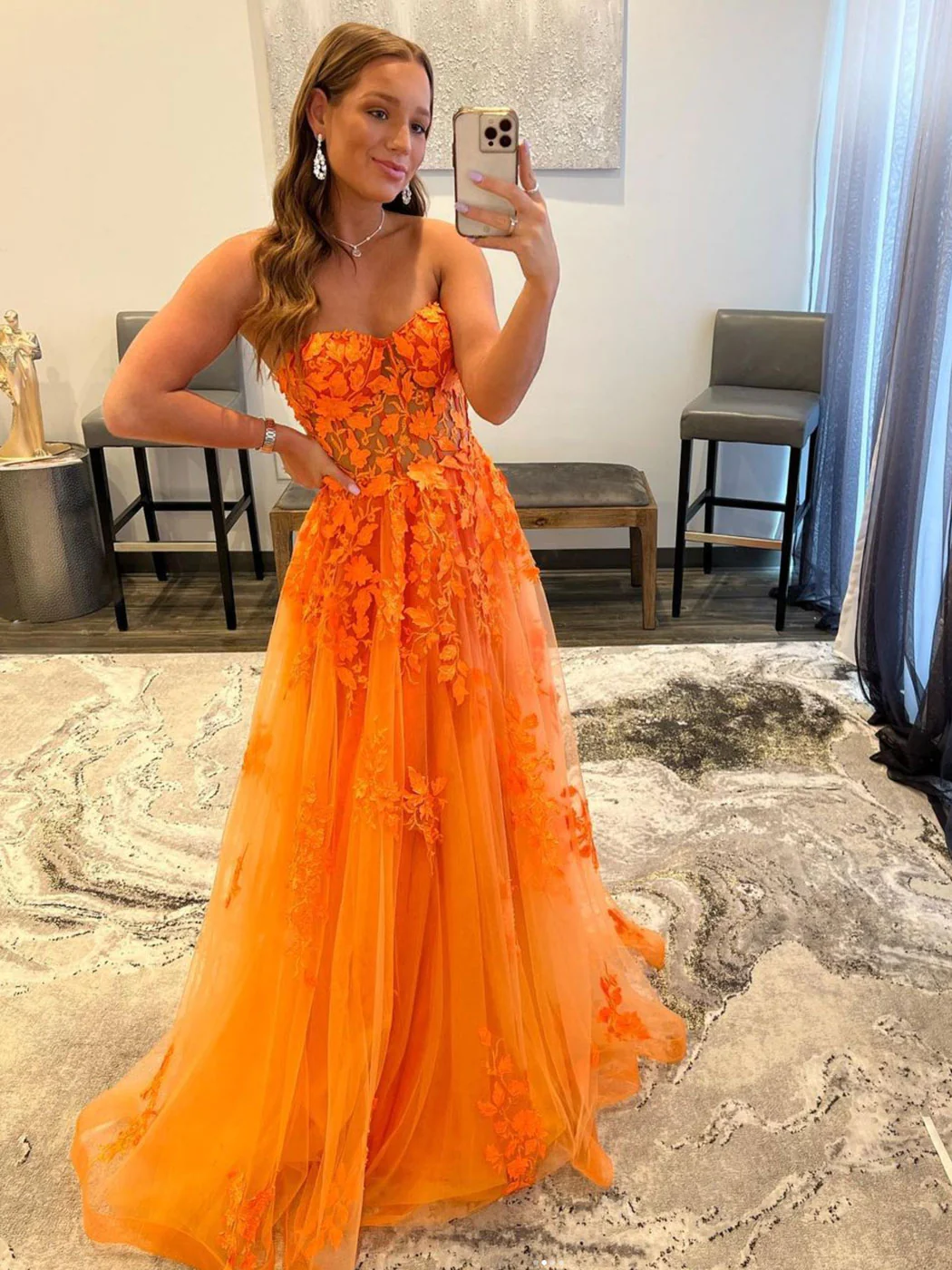 Orange sweetheart neck tulle lace long prom dress, orange formal graduation dress nv943