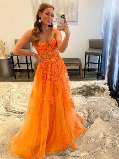 Orange sweetheart neck tulle lace long prom dress, orange formal graduation dress nv943