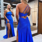 Blaues Meerjungfrau-Ballkleid mit einem Träger und Seitenschlitz, Perlenbesatz, nv950