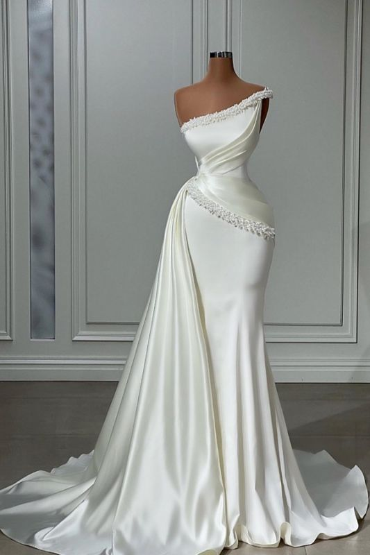 Robe de bal sirène en satin à une épaule avec traîne latérale nv982