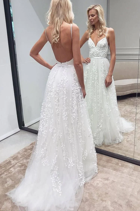 A-Linie Tüll Spaghettiträger Boho Lange Brautkleider nv986