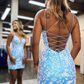 Himmelblaues Homecoming-Kleid mit V-Ausschnitt, Schnürung und Applikationen nv914