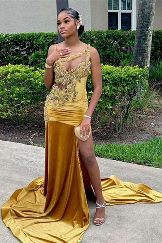 Robe de soirée longue en satin à une épaule et perles fendue sur le côté nv983