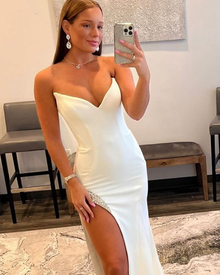 White Satin Mermaid Prom Dress with Beading Side Slit nv988