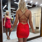 Rotes, glänzendes, sexy, glamouröses, enges V-Ausschnitt-Kurz-Mini-Heimkehrkleid, Partykleid, Geburtstagsoutfit, NV918