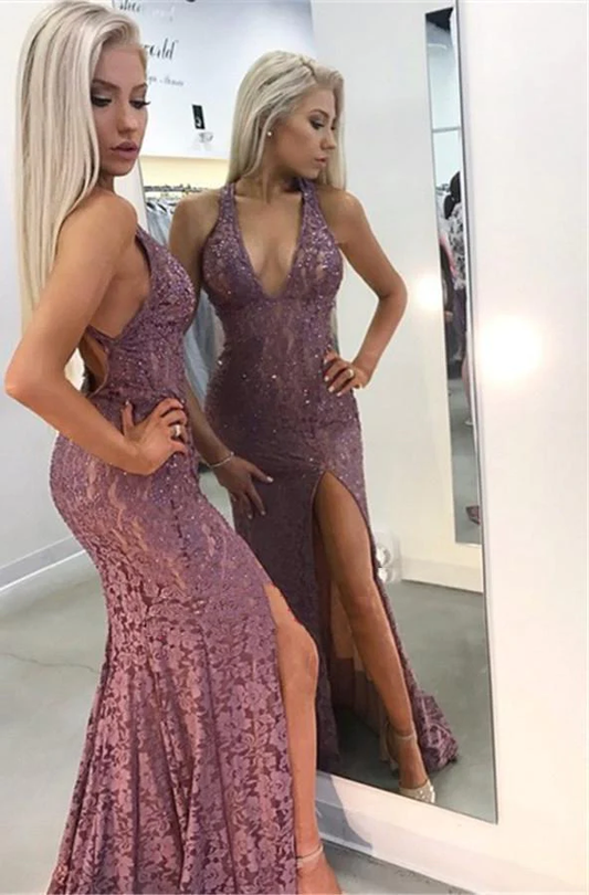 Robe de bal sexy en dentelle fourreau col en V dos nu lilas fente latérale dos nu longue 2024 nv992