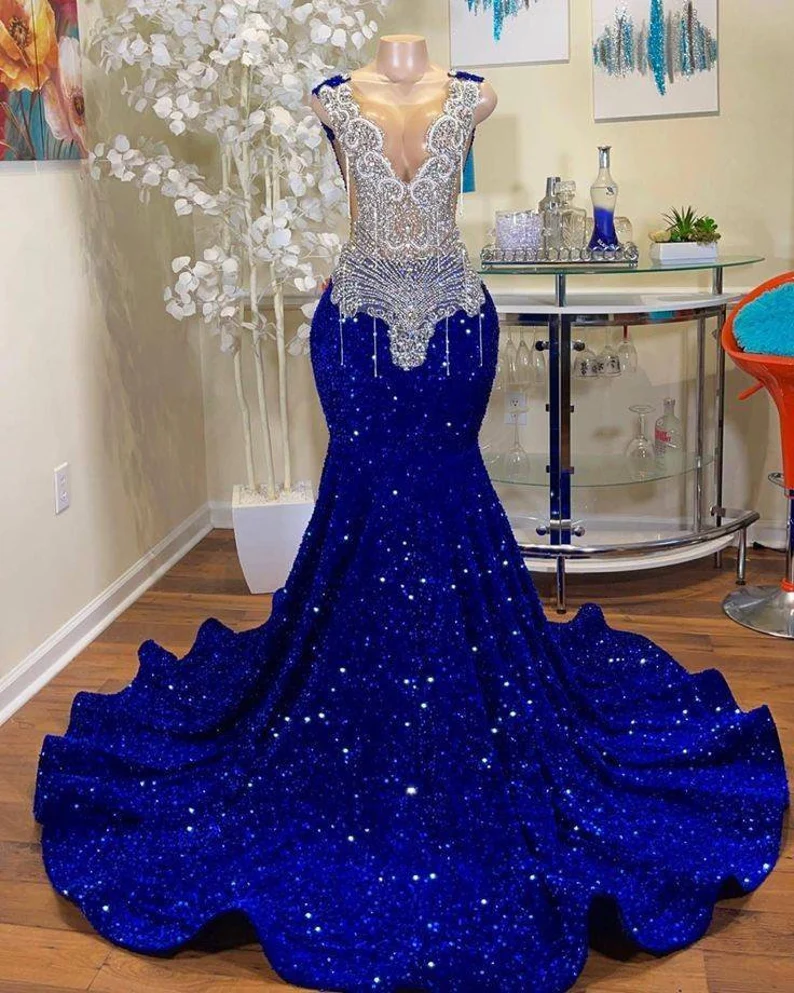 Pailletten königsblau Langes Ballkleid Perlen Hochzeitskleid Empfangskleid Erneuerungskleid nv126