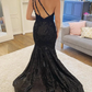 Robe de soirée longue en dentelle noire à paillettes et à fente nv966