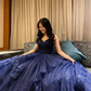 Blaues langes Ballkleid aus Tüll mit V-Ausschnitt, Abendkleid in A-Linie nv431
