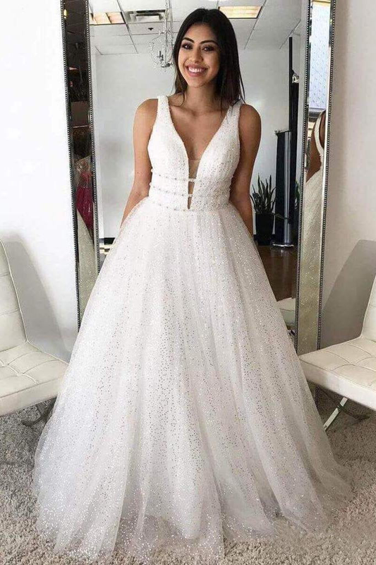 A-Linie, tiefer V-Ausschnitt, Ballkleid, Ballkleid, offener Rücken, weiße Abendkleider, nv209