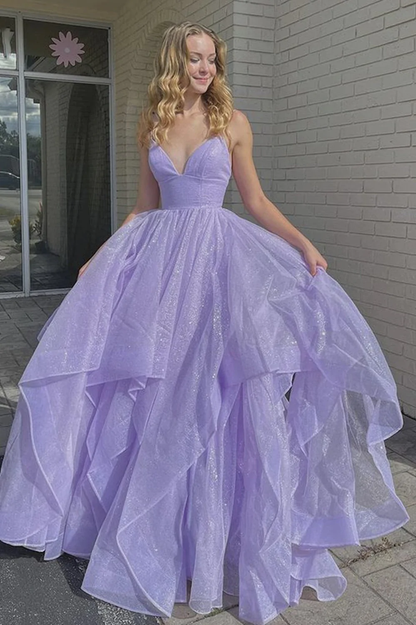 Lila langes Ballkleid mit glänzenden Pailletten und V-Ausschnitt, flauschiges lila Abendkleid, funkelndes lila Ballkleid nv129