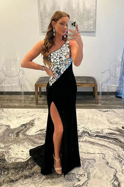 Robe de bal de fin d'année noire à une épaule fendue et à strass nv475