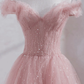 Rosa schulterfreies Tüll-Ballkleid in Teelänge, rosa Tüll-Hochzeits-Partykleider nv885