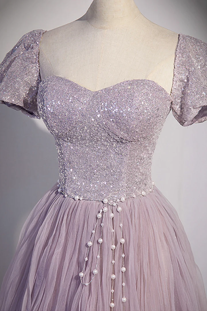 Robe de soirée trapèze en tulle violet à paillettes, longueur au sol, nv889