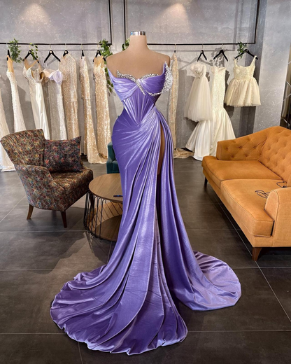 Lavendel Samt Meerjungfrau Abendkleider Winter Seitlich Geteiltes Ballkleid Liebsten Perlen Frauen Festzug Party Kleider nv408