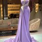 Elegante lavendelfarbene Satin-Meerjungfrau-Abendkleider mit glitzernden silbernen Pailletten und Falten, formelle Abschlussball-Party-Anlass-Kleider nv515