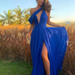 Robe de soirée longue en mousseline de soie à une épaule unique robe de soirée bleue nv327