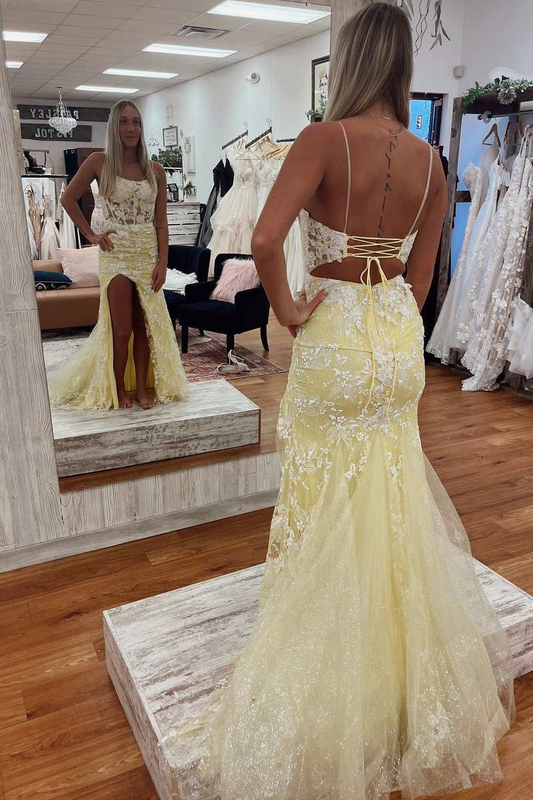Robe de bal longue en dentelle florale jaune dos nu avec fente nv981