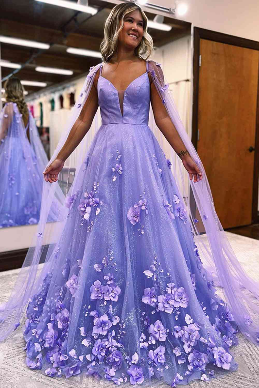 Princess Lavender 3D Flowers Tulle Formal Dress Prom Dress with Cape nv263