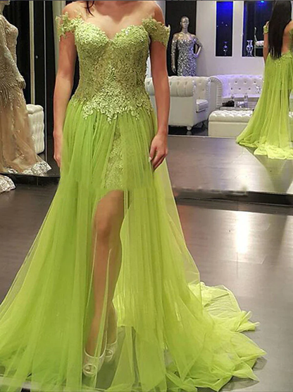 Minze Ballkleider Etui-Linie schulterfrei asymmetrisch Tüll Ballkleid Abendkleid nv487