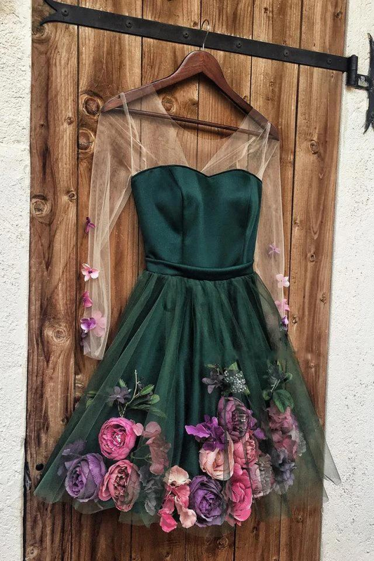 Grünes, langärmliges, kurzes Spitzen-Fanshion-Kleid, appliziertes, durchsichtiges Trägerkleid mit Herzausschnitt und Blumenmuster aus Satin, NV537