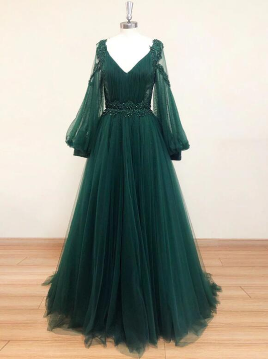 Belles robes de soirée de mariage à manches longues en tulle vert, robes de bal vertes, robe de soirée nv453