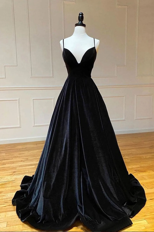 A-Linie, V-Ausschnitt, rückenfrei, langes schwarzes Samt-Ballkleid, schwarze Abendkleider mit V-Ausschnitt, schwarze Abendkleider aus Samt nv424
