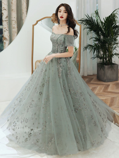 Robe de soirée verte à épaules dénudées et en dentelle, robe longue de soirée trapèze nv450