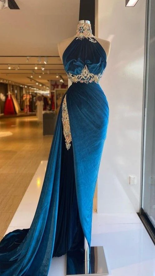 Abendkleid aus Samt mit hohem Halsausschnitt, atemberaubendes Ballkleid mit Applikationen, nv505