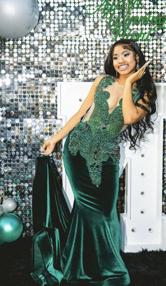 Robe de soirée verte sur mesure pour fille noire, robe de bal sirène nv241