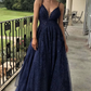 Langes Ballkleid aus marineblauer Spitze mit Pailletten und V-Ausschnitt in A-Linie, formelles Abendkleid aus marineblauer Spitze für den Abschluss nv188