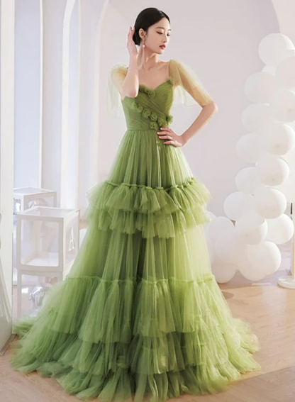 Robe longue de soirée en tulle vert clair à plusieurs niveaux, robe de soirée de mariage en tulle nv439