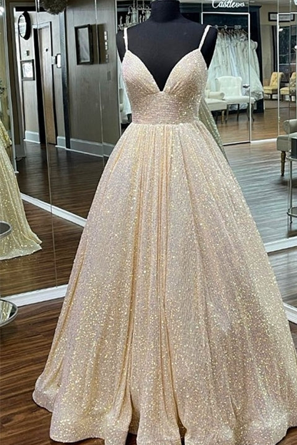 Robe de bal longue coupe empire à sequins couleur champagne nv208