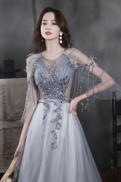 GRAUES TÜLL-PAILLETTEN-LANGES BALLKLEID A-LINIE-ABENDKLEID nv423