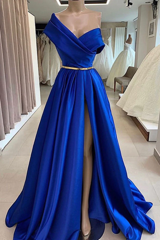 Langes Ballkleid aus blauem Satin, langes Abendkleid aus blauem Satin nv395