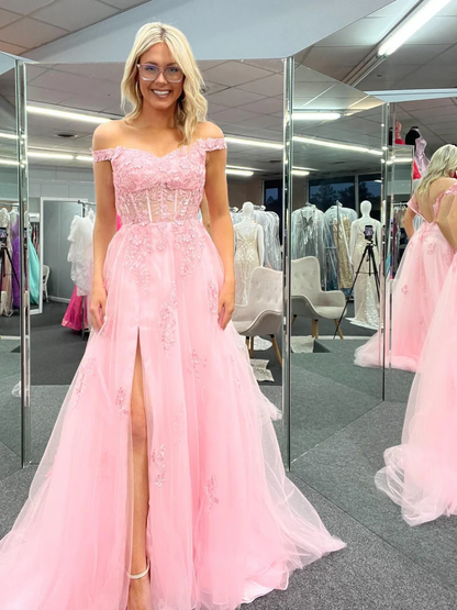 Schulterfreies langes Ballkleid aus rosa Spitze mit hohem Schlitz, formelle Kleider aus rosa Spitze, schulterfreies Abendkleid aus rosa Spitze nv1047