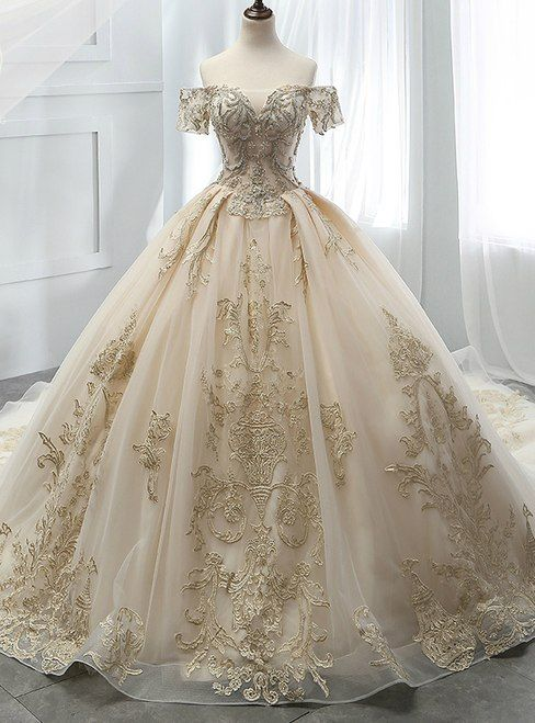 Mode Champagner Tüll Spitze Brautkleid Ballkleid Brautkleider Ballkleid nv254