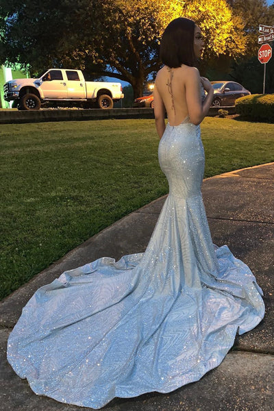 MERMAID DEEP V-NECK HALTER CHAPEL BACKLESS PAILLETTE PROM DRESS nv937