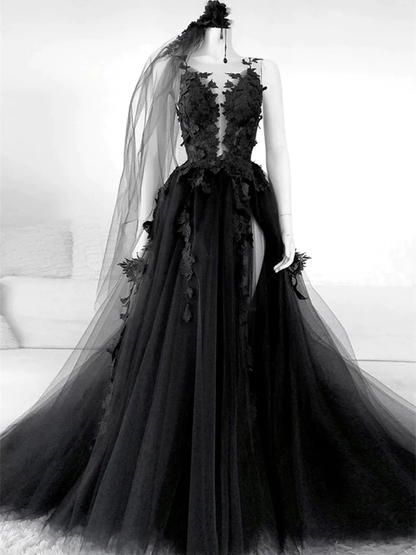 Schwarze lange Ballkleider mit Blumenmuster, lange schwarze formelle Abendkleider mit Blumenmuster nv451