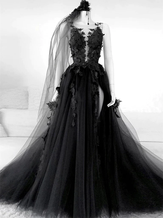 Schwarze lange Ballkleider mit Blumenmuster, lange schwarze formelle Abendkleider mit Blumenmuster nv451
