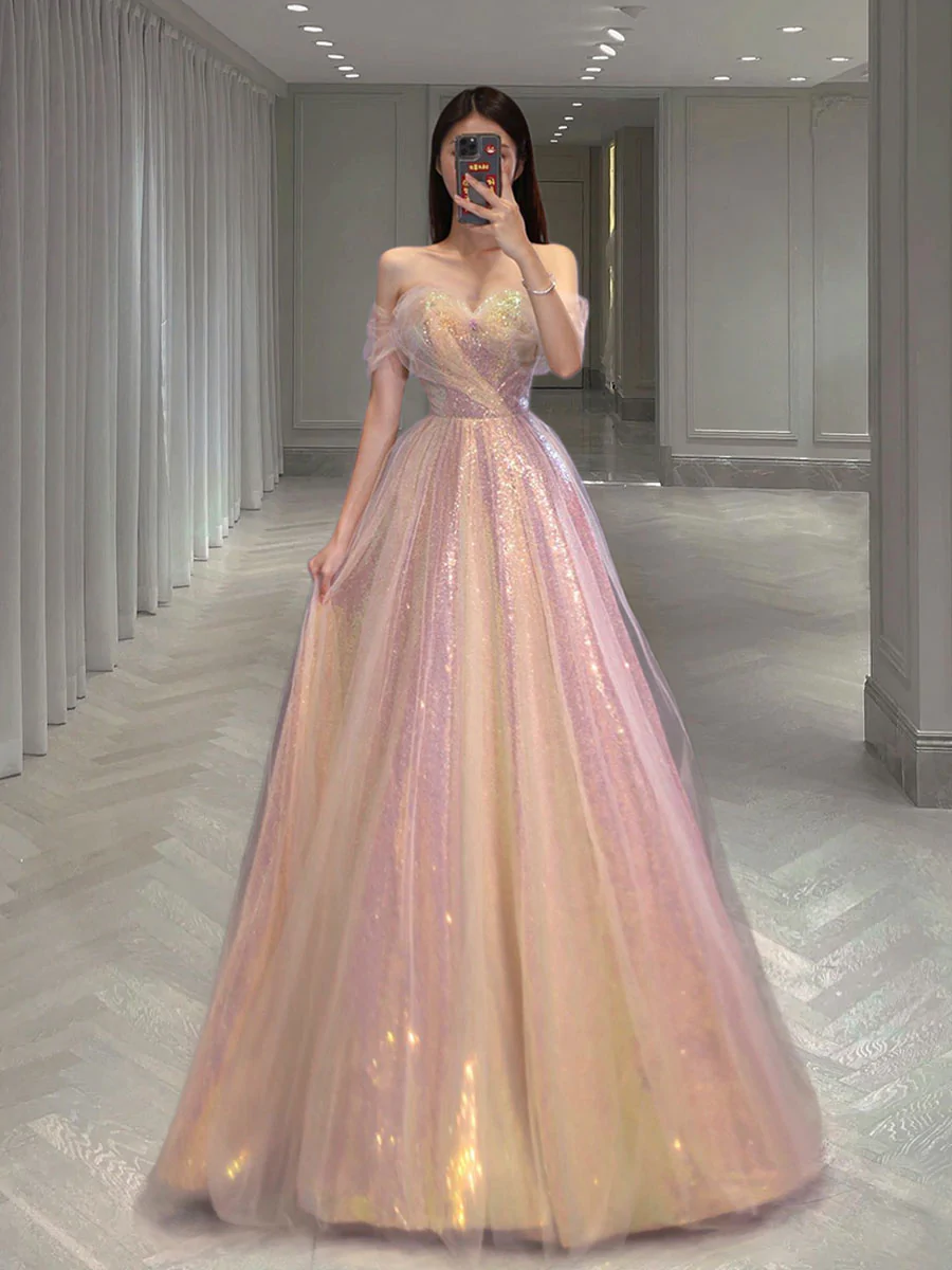 A-Linie Tüll Pailletten Langes Ballkleid, Schulterfreies formelles Abschlusskleid nv425