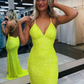 Sparkly Mermaid V Neck Yellow Sequins Long Prom Dresses nv978