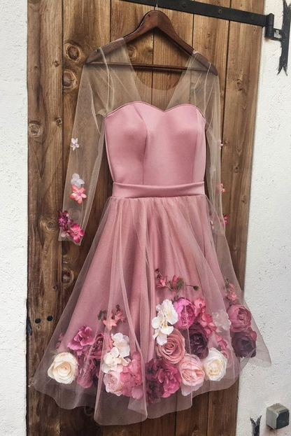 Rosa, kurzes Ballkleid mit V-Ausschnitt und 3D-Applikation, rosa, Homecoming-Kleid, NV524