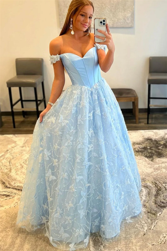 Off Shoulder Light Blue Lace Long Prom Dresses, Light Blue Lace Formal Graduation Evening Dresses  nv259