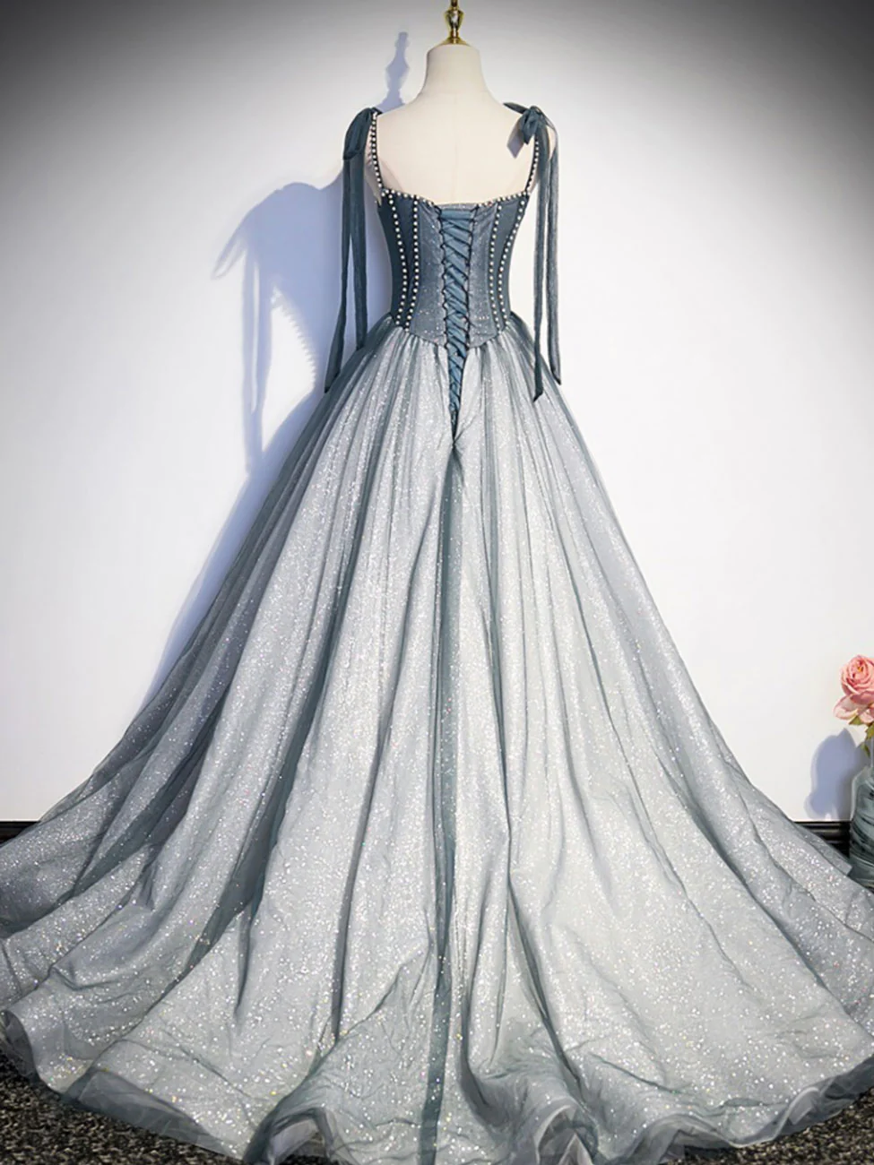 A-Linie, langes graues Ballkleid, formelles graues Tüll-Abschlusskleid mit Perlenbesatz nv895