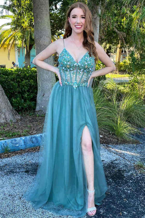 Jolie robe de bal longue en dentelle à col en V et fente en perles bleu sarcelle nv442