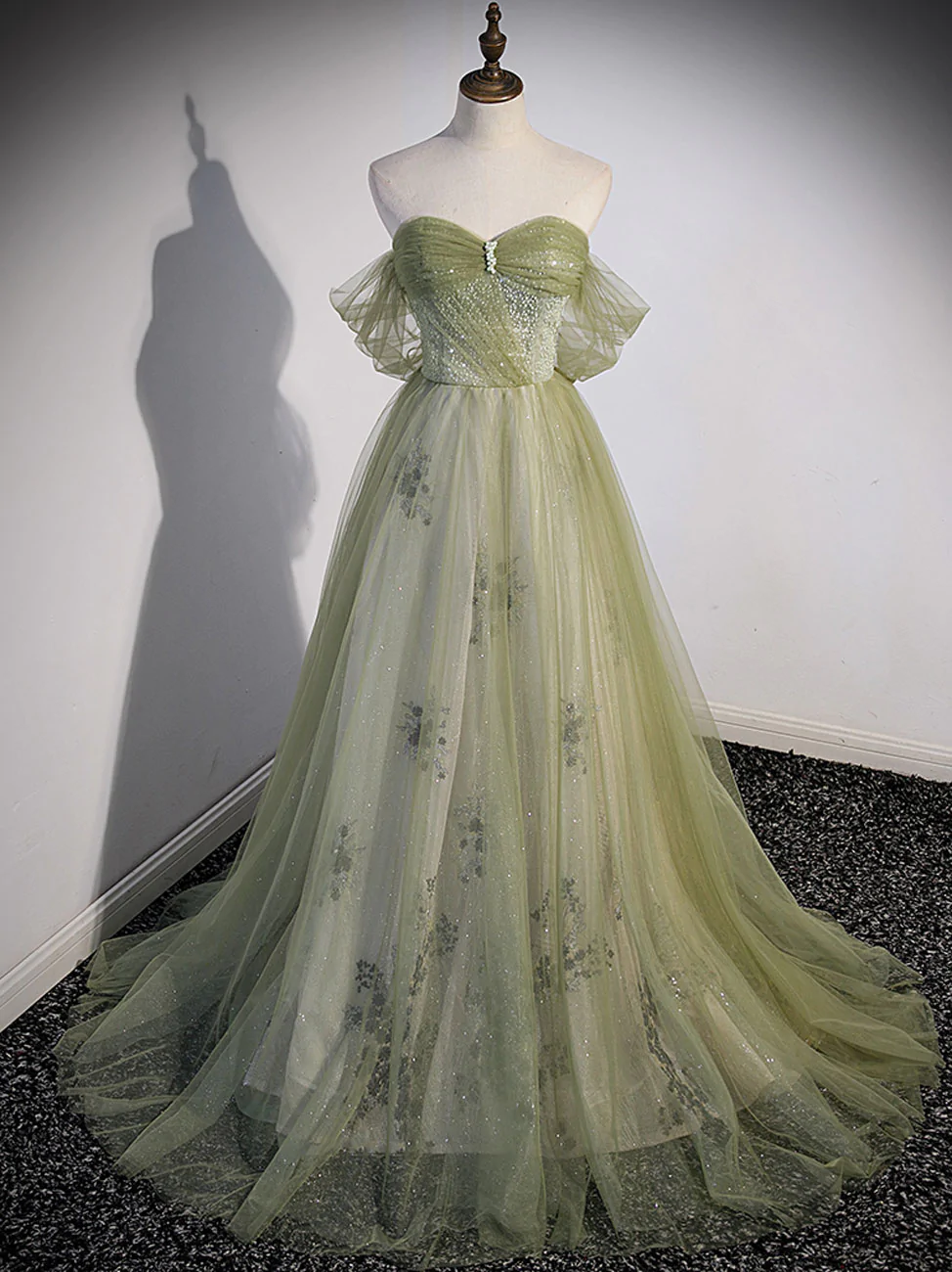 A-Linien-Ballkleid aus grünem Tüll, langes Ballkleid, grünes Abendkleid mit Perlenbesatz, nv549