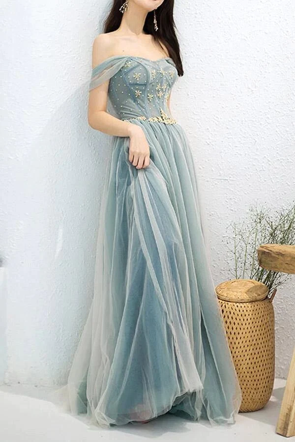 Robe de bal longue en tulle à épaules dénudées et perles nv551